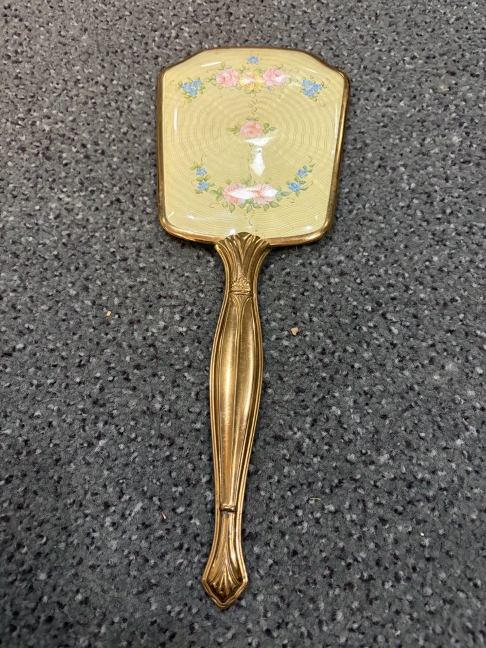 Vintage Gold Hand Mirror with Floral Guilloche